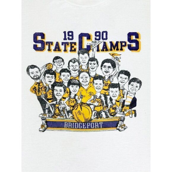 Vintage 1990 Bridgeport Basketball T-Shirt White Medium State Champs Single Sti - Picture 4 of 12